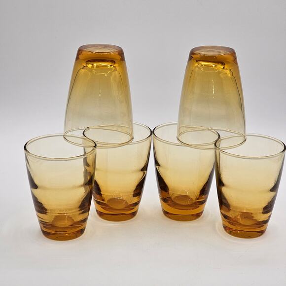 Libbey Amber Glass Tumblers Set Of 6 Vintage Golden Wave MCM Barware - Picture 6 of 7